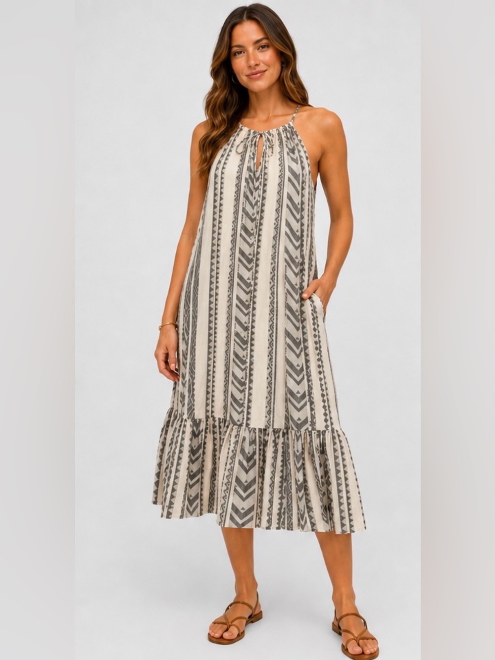 Marine Layer Cream and Gray Patterned Halter Midi Dress S 🩶